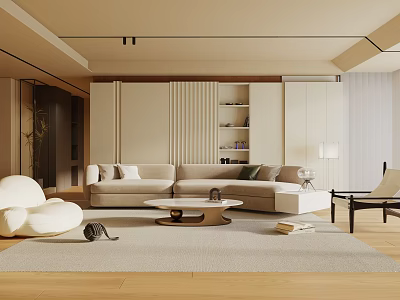 Modern Living Room Interior With Beige Sofa Round Coffee Table Storage Cabinets And Area Rug 3d model