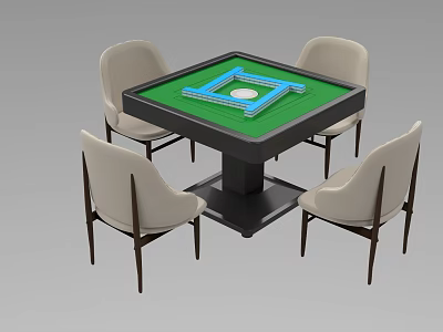 Square Entertainment Table with Green Surface Blue Frame White Circle and Four Beige Chairs 3d model