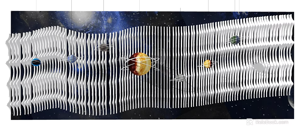 Starry Sky Background Wall with Black and White Striped Wavy Design and Planets Decor 3d model 