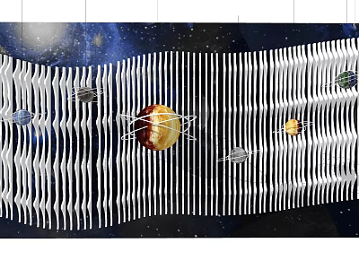 Starry Sky Background Wall with Black and White Striped Wavy Design and Planets Decor 3d model
