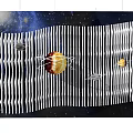 Starry Sky Background Wall with Black and White Striped Wavy Design and Planets Decor