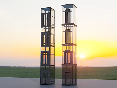 Tall Glass Elevators In Green Field With Beautiful Sunset Sky Background 3d model