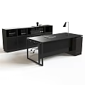 Modern Office Desk With Glass Top Black Frame And Wooden Filing Cabinet