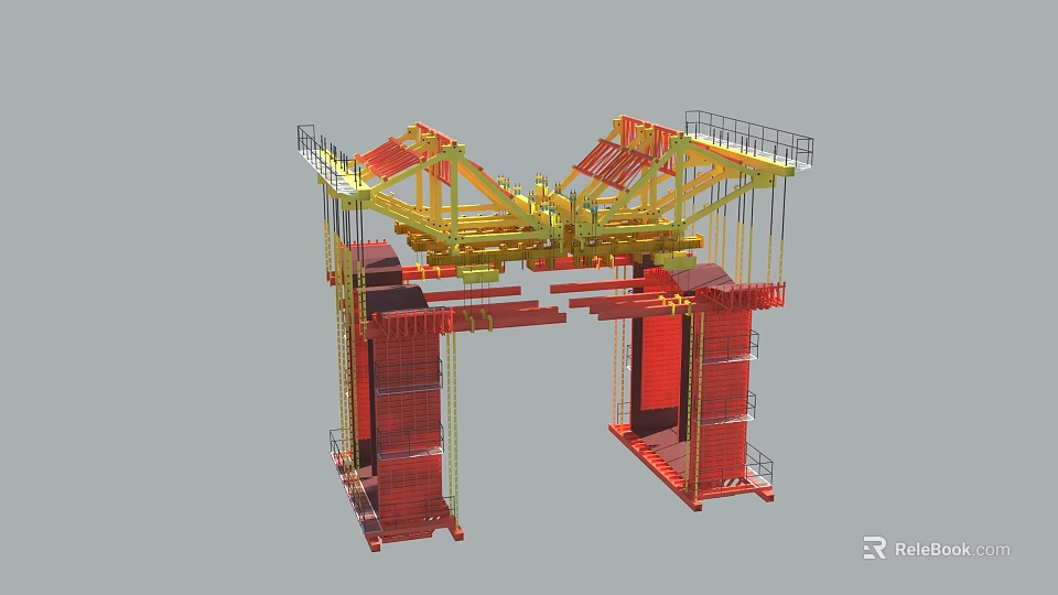 Industrial Gantry Crane With Red Yellow Steel Frame And Platform For Heavy Construction Use 3d model 