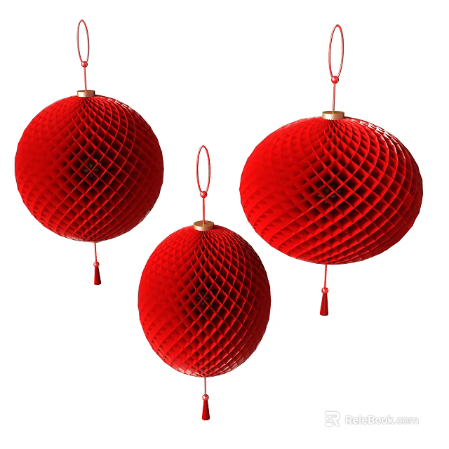 Three Red Honeycomb Lanterns With Decorative Tassels For Hanging 3d model