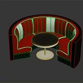 Modern Curved Public Seating With Red Cushions And Blue Round Table Design