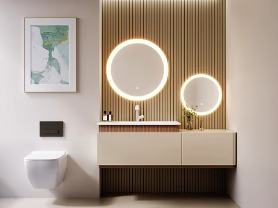 Stylish Modern Bathroom Vanity Design With Round Illuminated Mirrors And Wooden Paneling 3d model