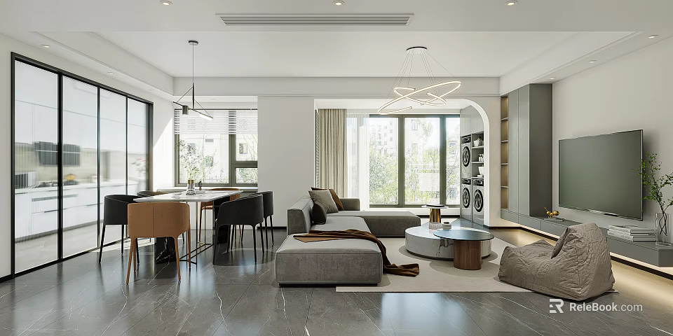 Modern Living And Dining Room Interior Design With Large Windows Comfortable Sofa And Dining Table 3d model 