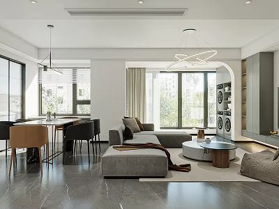 Modern Living And Dining Room Interior Design With Large Windows Comfortable Sofa And Dining Table 3d model