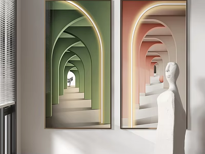 Green and Pink Arch Corridor Artworks With White Sculpture Hanging on Wall 3d model