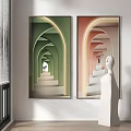 Green and Pink Arch Corridor Artworks With White Sculpture Hanging on Wall