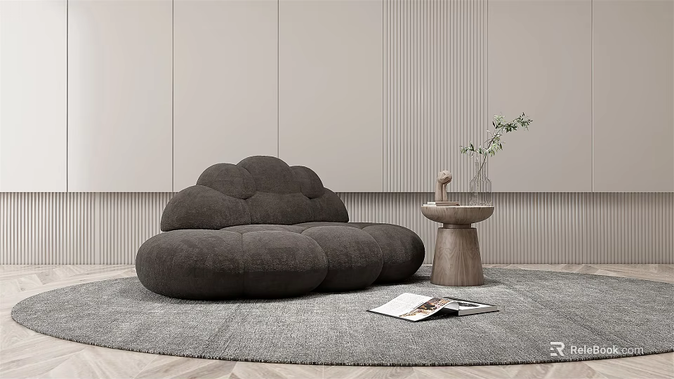 Cloud Shaped Multi Person Sofa on Grey Rug with Wooden Side Table Plant and Magazine 3d model 