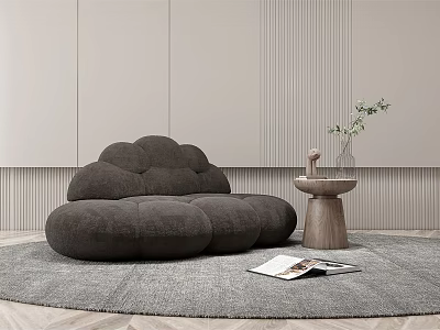 Cloud Shaped Multi Person Sofa on Grey Rug with Wooden Side Table Plant and Magazine 3d model