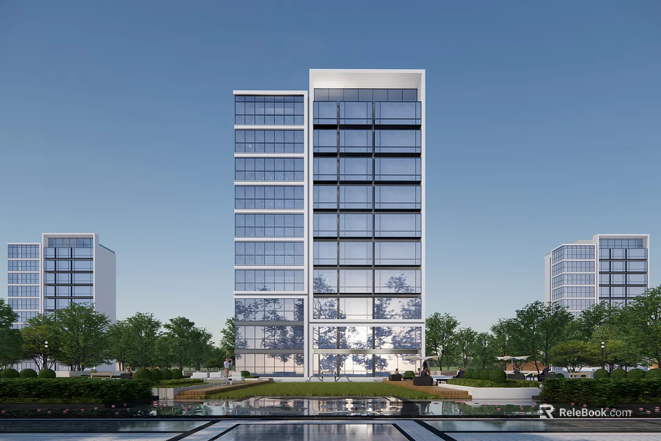 Modern High Rise Office Building With Glass Curtain Wall And Surrounding Trees Water Pool 3d model 