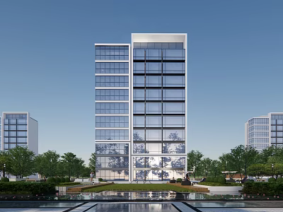 Modern High Rise Office Building With Glass Curtain Wall And Surrounding Trees Water Pool 3d model