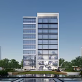 Modern High Rise Office Building With Glass Curtain Wall And Surrounding Trees Water Pool