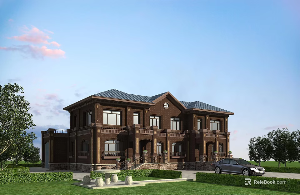 Two Story Semi Detached Villa Exterior With Brown Facade Blue Roof And Green Lawn 3d model 
