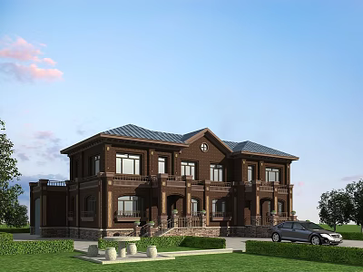 Two Story Semi Detached Villa Exterior With Brown Facade Blue Roof And Green Lawn 3d model