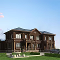 Two Story Semi Detached Villa Exterior With Brown Facade Blue Roof And Green Lawn