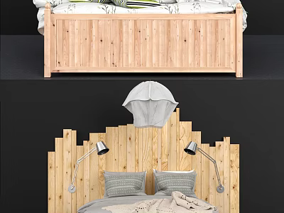 Wooden Double Bed With Unique Headboard Design Cozy Pillows And Bedside Lamps 3d model