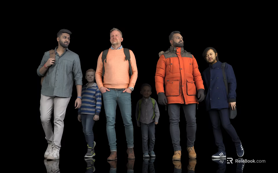 Men And Kids Standing Together In Various Casual Outfits With Backpacks 3d model 