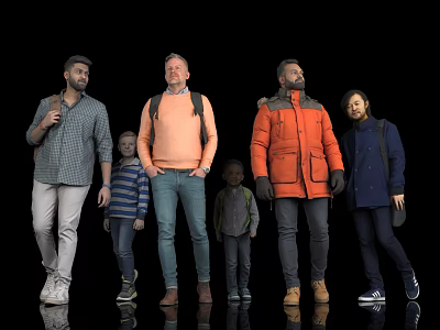 Men And Kids Standing Together In Various Casual Outfits With Backpacks 3d model