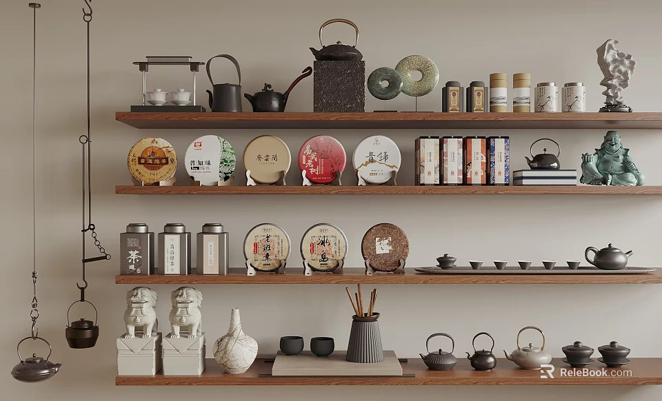 Traditional Tea Sets Display On Wooden Shelves With Teapots Cups And Tea Cakes 3d model 