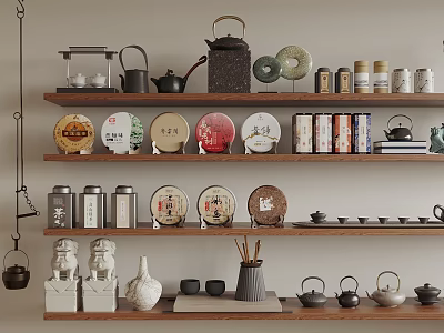 Traditional Tea Sets Display On Wooden Shelves With Teapots Cups And Tea Cakes 3d model