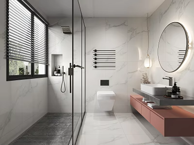 Modern Bathroom with Glass Shower White Marble Walls Pink Vanity and Round Mirror 3d model