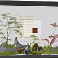 Courtyard Garden With White Walls Glass Structure Green Plants Stones Spherical Lights Moon Shaped Decoration
