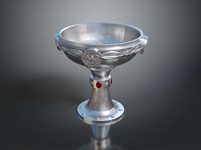 Silver Metal Goblet Shaped Sculpture Carving With Intricate Decorative Details And Red Gemstones On Base 3d model