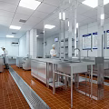 Commercial Kitchen Stainless Steel Tableware Set With Chefs Working On Tile Floor And Windows