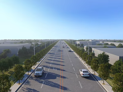 Urban Municipal Road With Wide Lanes Trees Street Lights And Vehicles Driving 3d model