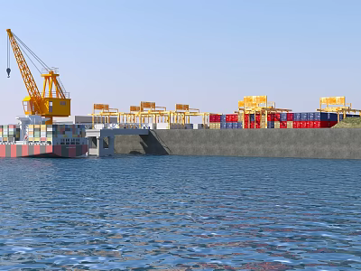 Port Scenery with Yellow Cranes Red and Blue Containers Water Surface and Shore 3d model