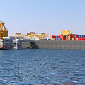 Port Scenery with Yellow Cranes Red and Blue Containers Water Surface and Shore