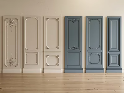 Various Styles Of Decorative Wall Panels In Light And Dark Blue With Carved Details 3d model