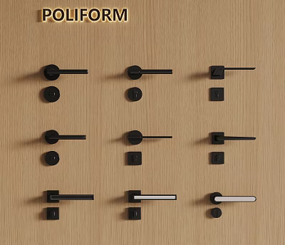 POLIFORM Door Handles Collection With Various Modern Designs On Wooden Panel 3d model