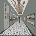 Exhibition Hall Culture Wall Design With Display Boards Information Pendant Lights And Visitor Viewing