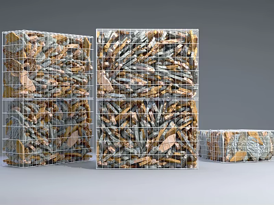 Garden Ornaments With Wire Mesh Cubes Filled With Stones And Wood Chips 3d model