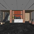 Modern Hotel Lobby Interior With Marble Reception Desk Decorative Wall Staircase Plants And Seating