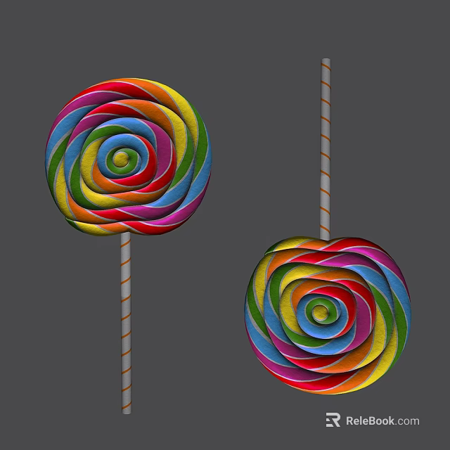 Vibrant Colorful Swirl Lollipops With Striped Sticks On Gray Background 3d model 