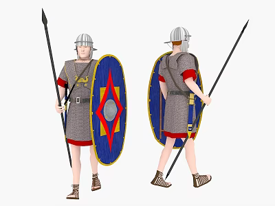 Man In Roman Soldier Costume With Helmet Shield Spear Tunic And Sandals Front Back Views 3d model