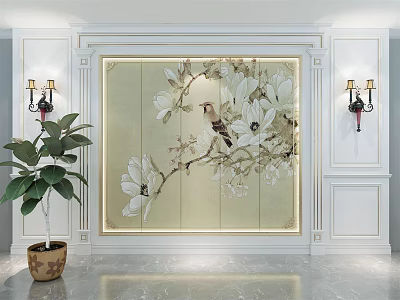 Elegant Sofa Background Wall With Magnolia Bird Painting White Molding Wall Sconces And Green Plant 3d model