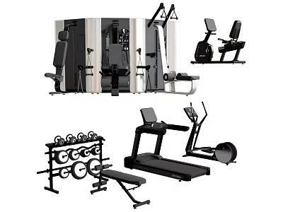 Home Gym Sports Equipment Including Multi Functional Trainer Exercise Bike Treadmill Dumbbell Rack Weight Bench 3d model