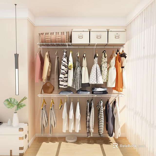Modern Open Wardrobe Interior With Hanging Dresses Shirts Storage Boxes And Decorative Plants 3d model 