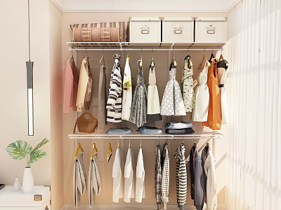 Modern Open Wardrobe Interior With Hanging Dresses Shirts Storage Boxes And Decorative Plants 3d model