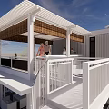 Modern Outdoor Leisure Area With White Building Structure Spiral Staircase White Furniture And Green Plants