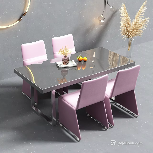 Modern Dining Table Set With Black Glass Table Pink Chairs And Fruits Vase 3d model 