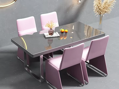 Modern Dining Table Set With Black Glass Table Pink Chairs And Fruits Vase 3d model