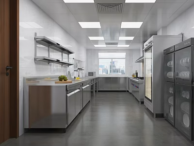 Commercial Kitchen Interior With Stainless Steel Cabinets Long Countertop Ceiling Lights And Window 3d model